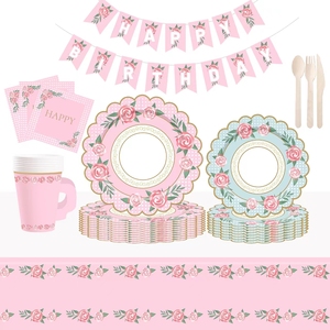 ชุดถ้วยน้ำชา จานรอง กระดาษเช็ดปาก ถ้วยชาและจานรองพร้อมหูจับ สำหรับงานเลี้ยงวันเกิดเจ้าหญิง ตกแต่งงานฉลองวันเกิดเด็ก ลายดอกไม้ - Product Image 2