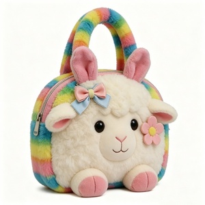 Sac fourre-tout en peluche mignon pour sorties entre amis, sac à main en peluche sur le thème des animaux pour adolescents, sac fourre-tout en peluche arc-en-ciel vif avec visage de mouton - Product Image 1