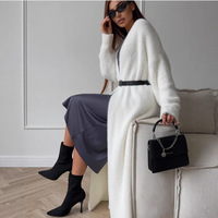 Herbst Winter Atmungsaktiver Langer Cardigan Damen Kunstnerz Weißer Strick Oversize Pullover Mantel Maxi V-Ausschnitt Lässig Locker Polyester