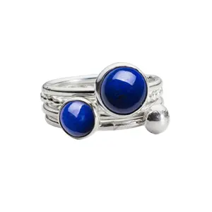 European Style 925 Sterling Silver Stacking Ring with Round Natural Lapis Stone for Fashion Women Jewelry