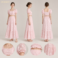 Ensemble deux pièces rose floral pour femme, col carré, manches bouffantes, jupe longue, romantique, personnalisable, OEM, marque privée