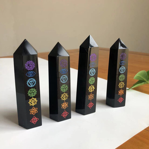 Vente flash - Tour en obsidienne noire à motif des sept chakras, cristal de guérison naturelle pour la décoration de la maison - Product Image 1