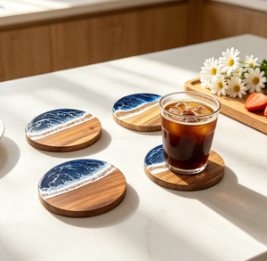 Posavasos Redondos de Resina con Diseño de Olas Oceánicas y Madera de Acacia, Resistentes al Calor, para Restaurantes, Hoteles, Bodas y Banquetes, Venta al Por Mayor - Product Image 2