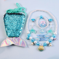 Ensemble de bijoux Princesse Sirène : Sac à paillettes, Collier, Bracelet, Boucles d'oreilles à clip, Bague, Pinces à cheveux – Coffret cadeau d'anniversaire pour filles, Vente en gros