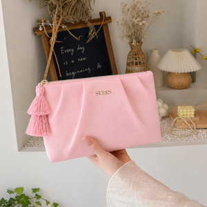 Custom <b>Pink</b> Satin Cosmetic Pouch with Gold Foil Logo and Double Tassel for Bridesmaid Gifts and Travel Makeup Storage - Product Image 5