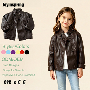Trendy Kids Faux <strong>Leather</strong> <strong>Jacket</strong> Closure Stand Collar Coat Custom ODM for Autumn Spring Outdoor Daily Wear Girls Top - Product Image 1