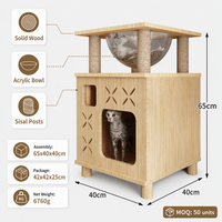 Tour pour chat en bois massif Kate Paradise H à deux niveaux avec bol en acrylique, poteaux en sisal et design découpé en X pour chats 65 cm