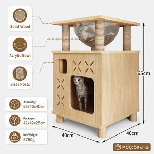 Torre per Gatti Kate Paradise H in Legno Massello a Due Livelli con Ciotola in Acrilico, Pali in Sisal e Design a X per Gatti 65cm - Product Image 3