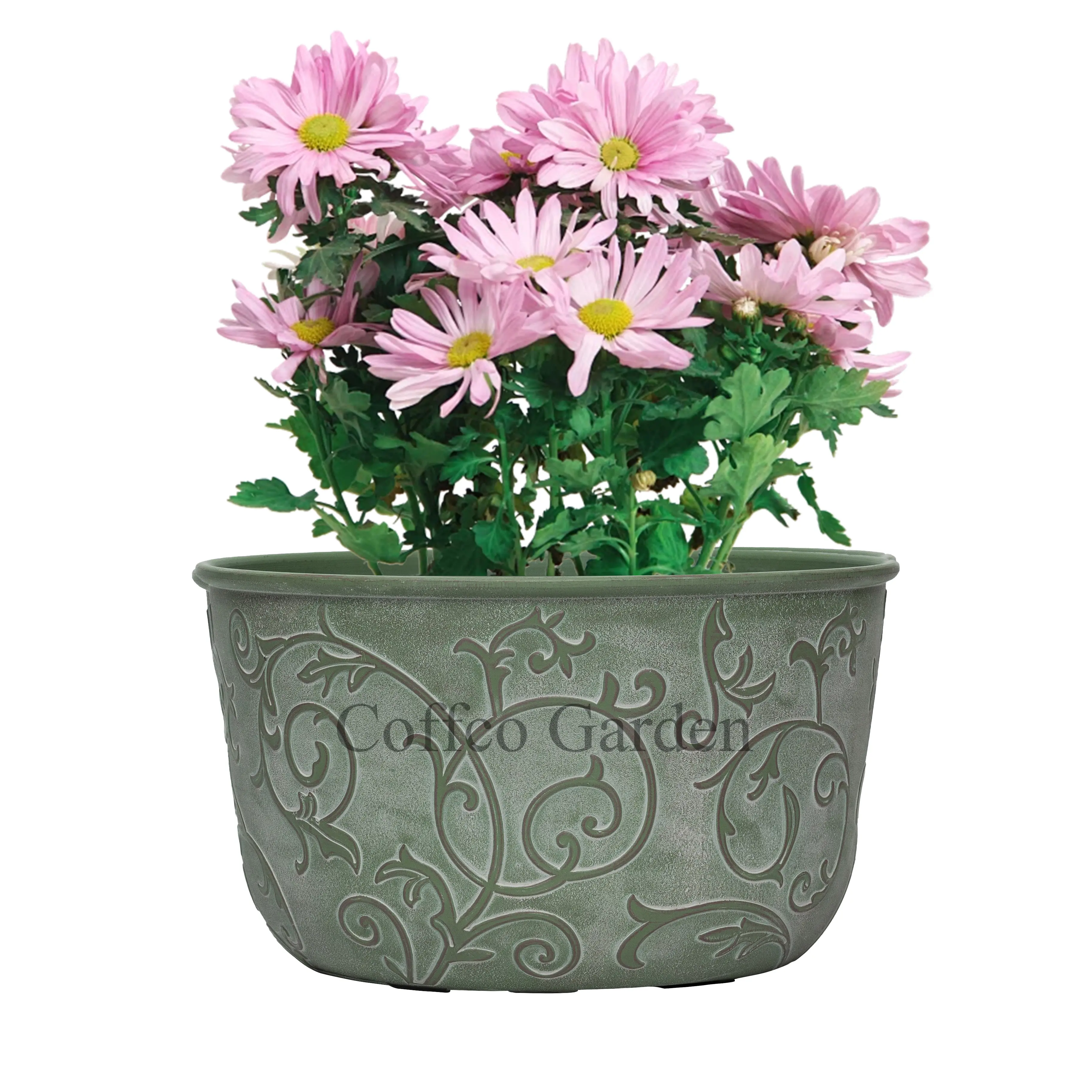 Coffco Jardim Arabesco Vaso de plástico baixo redondo para plantas, vaso de flores para decoração de jardim, artesanato com desenho de 11 polegadas