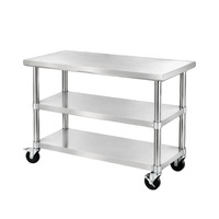 Table de travail mobile en acier inoxydable à trois niveaux avec étagères ouvertes pour appartement, restaurant, cuisine, entrepôt, école, stockage commercial