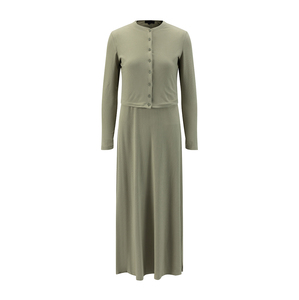Light Olive Green Ribbed <strong>Knit</strong> Stand-Collar Button-Front Two-Piece Style Long-Sleeve Maxi <strong>Dres</strong> - Product Image 1