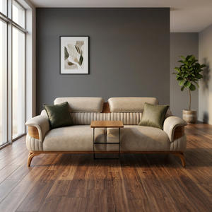 Sofá Seccional de Madera de Teca Contemporáneo de Mediados de Siglo, Tres Plazas, con Cojín Tapizado en Tela para Sala de Estar - Product Image 2