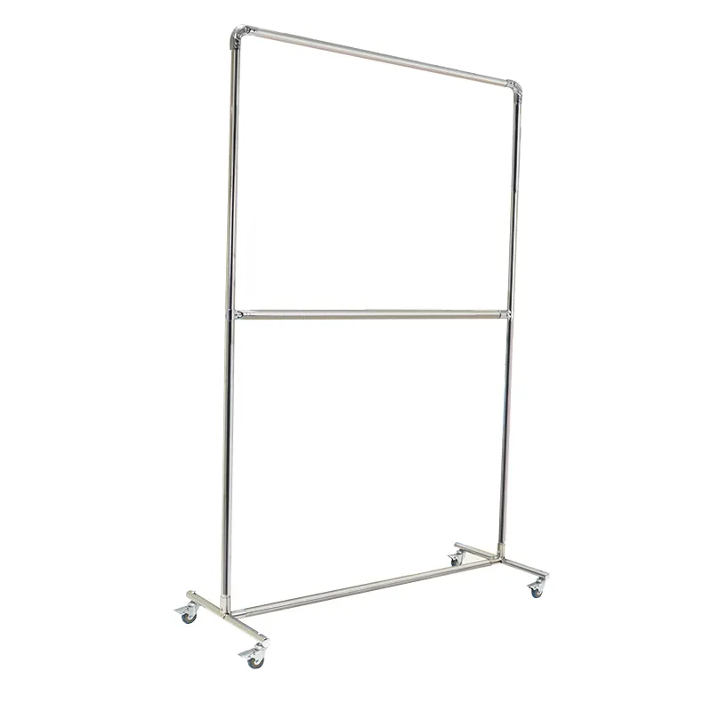 2 Layers Heavy Duty Cloth Stand Retail Store Clothes Drying Metal Garment Display Rack With Wheel