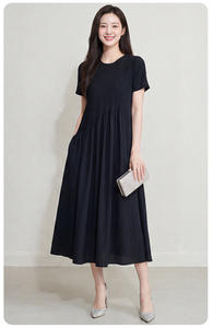 Robe plissée décontractée pour femme PY, kaki clair texturé, élégante, à manches courtes, évasée, longue, vente en gros pour bazar - Product Image 3