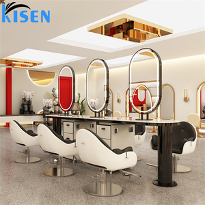 Espejo de pie de acero inoxidable KISEN para salón con estantes de almacenamiento y diseño contemporáneo, espejo personalizado para barbería. - Product Image 5