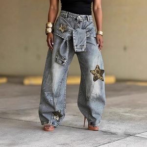 ZHEZHE Streetwear Jeans en denim ample <span class=keywords><strong>avec</strong></span> bretelles croisées, imprimé léopard et motif étoile - Nouveau style 2026, pantalon grande taille pour femmes - Product Image 1