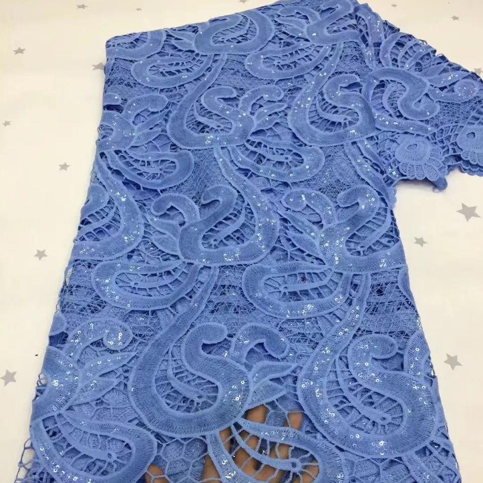 Vải Lụa Sữa Hoa 3D Đục Lỗ Chất Lượng Cao Châu Phi, Tan Trong Nước Màu Xanh Hoàng Gia Thêu Sequin Vải Ren Vải Tuyn Lưới Nigeria/