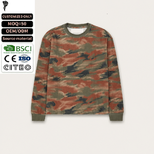<b>Men</b> Vintage Camo Waffle Knit Long Sleeve T Shirt Crew Neck Camouflage <b>Thermal</b> <b>Top</b> Trendy Streetwear Casual Loose Fit Shtrt - Product Image 1