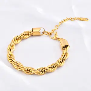 Hiphop Luxury 18K Gold Plated Stainless Steel Twist Link Chain Bracelets Adjustable Bangles Fashion High Quality Jewelry