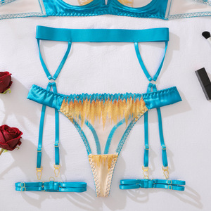 Nuevo Conjunto de Lencería Sensual que Combina Satén Azul Océano con Bordado Dorado de Montaña, Conjunto de Sujetador y Braguita - Product Image 5