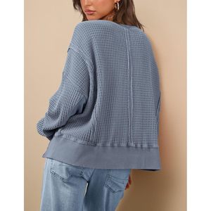 FOXA Sweat-shirt oversize femme en maille gaufrée à manches longues, col rond, respirant, épaules tombantes, haut d'automne - Product Image 2