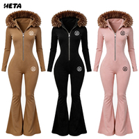 Combinaison Streetwear Femme à Capuche Demi-Zip avec Bordure en Fausse Fourrure, Manches Longues, Coupe Ajustée, Jambes Évasées, en Coton Spandex, Tenue Tendance pour l'Automne
