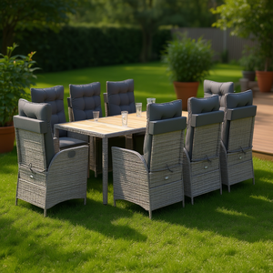 Grey <b>Rattan</b> Garden <b>Dining</b> Set 8 Seater Outdoor Furniture Weather Resistant Contemporary Design Solid Wood <b>Table</b> - Product Image 2