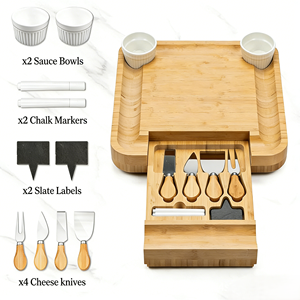 高級食品安全キッチン竹製シャルキュトリボード、ナイフセット付き、スナック、肉、大きなチーズ、前菜プラッタートレイ、チーズツール - Product Image 3