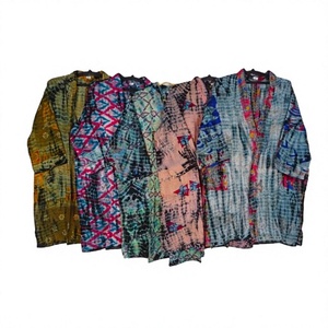 Bata de seda 100% para mujer, con estampado tie-dye y patchwork, manga larga, cuello en V, largo completo, tejido suave, ropa de dormir informal de verano, viscosa estampada - Product Image 1