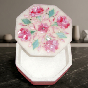 Boîte à bijoux en marbre de qualité supérieure Stonecrafts International, incrustation de nacre, motif floral, style moderne, nacre blanche - Product Image 1
