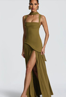 Robe longue décontractée d'été pour femme T1851, style soirée, épaules dénudées, dos nu à lacets, fente latérale, idéale pour les anniversaires