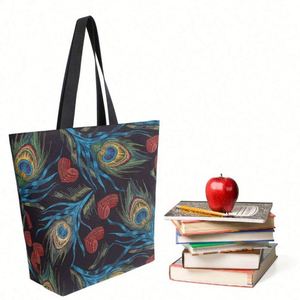 Sac fourre-tout chic et élégant en toile à motif plumes de paon, grand format, imperméable, écologique, avec fermeture éclair, doubles poignées, durable - Product Image 5