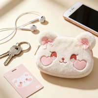 Dompet Koin Beruang Lucu Custom, Bulu Pendek dengan Hiasan Pita, Dompet Kawaii untuk Anak Perempuan, Penggunaan Sehari-hari, Hadiah, Grosir