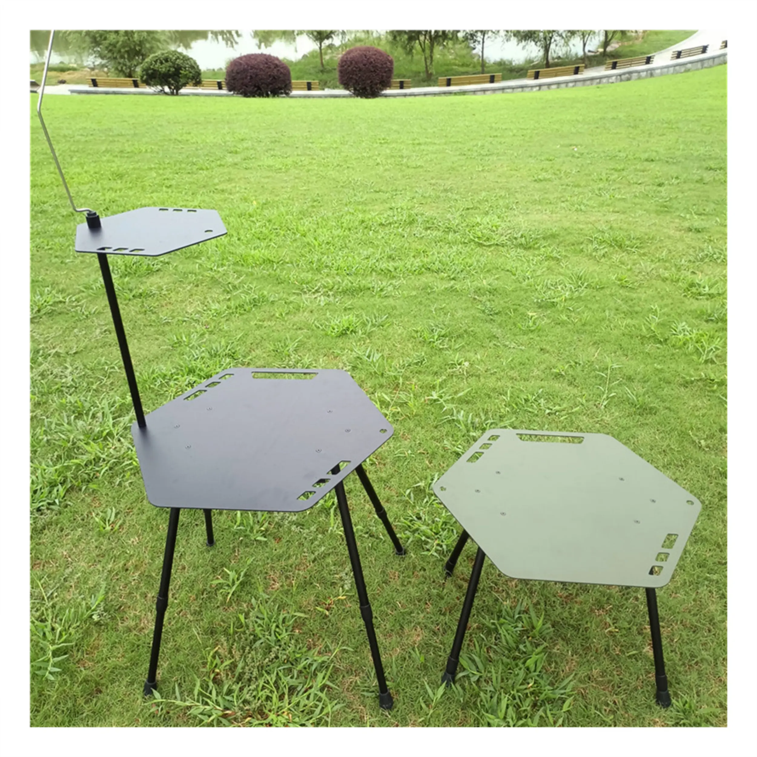 OEM leichtgewicht Outdoor Metall Aluminium faltbar Einstellbare Höhe faltbar taktischer Barbecue Polygonal Sechseck-Camping-Tisch