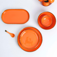 Service de table moderne en céramique de luxe, rond, 6 pièces, étanche, avec bordure dorée, pour restaurant et cadeau de mariage