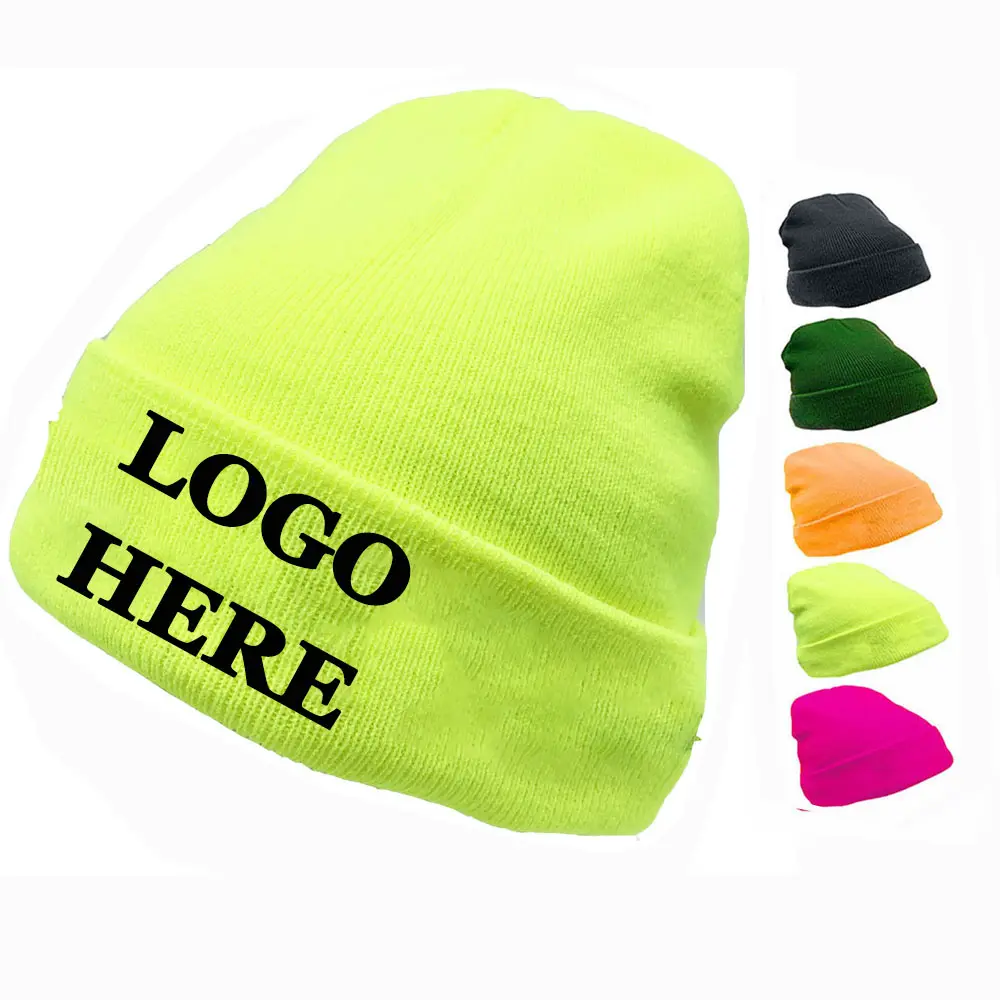 BSCI supplier Hi Vis Flurocent Ski Hats Embroidery Knit Beanie, Winter warm Beenies Thermal Toque Mens Custom LOGO Label