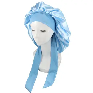 Wholesale women luxury long braid hair head sleeping satin bonnets and large ties satin silk hair wraps