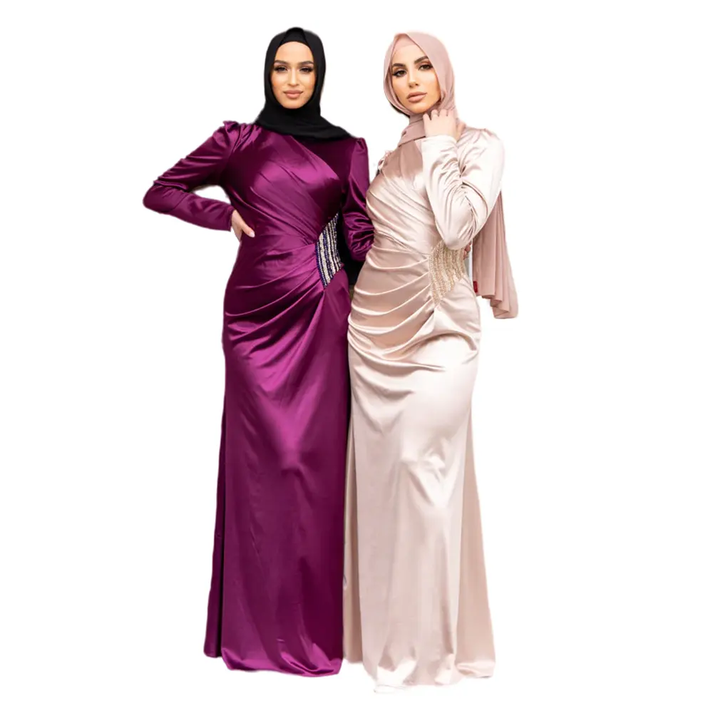 SIPO Muslim Satin Women Long Maxi Dress For Wedding Elegant Solid Color Seam Gathers Design Bias Cut Luxury Abaya Dress
