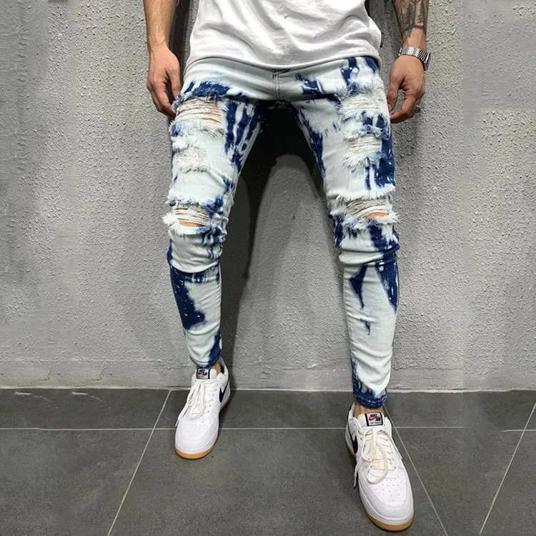 Atacado personalizado denim roupas azul tie-dye skinny estiramento calças jeans rasgado calças de brim dos homens