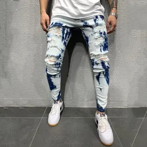 Groothandel Custom Denim Kleding Blauw Tie-Dye Mannen Skinny Stretch Jean Broek Gescheurde Jeans
