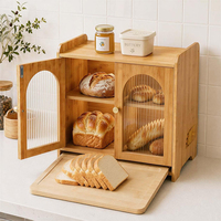 Boîte à pain en bambou avec portes en verre à double arche, fermeture magnétique, planche à découper coulissante, rangement à 2 niveaux, aérations réglables, organisateur