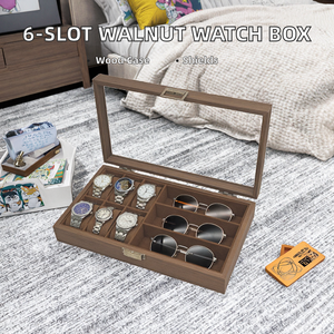 Charmingpacking JBW100 Wholesale Protective Brown Walnut Wood 6-Slot Rectangle <b>Watch</b> Storage <b>Case</b> Glass Window Velvet Lining - Product Image 2