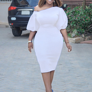 Robe élégante grande taille Tongle pour femme, nouvelle collection été 2024, couleur unie, épaule asymétrique, manches bouffantes, style <span class=keywords><strong>OL</strong></span>, D218 - Product Image 3