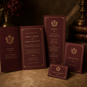 Suite de papeterie de mariage personnalisée bordeaux avec invitation, menu, marque-place et <span class=keywords><strong>carte</strong></span> de remerciement, dorure à chaud, pour thème vigne d'automne, papeterie d'automne, faible MOQ - Product Image 2