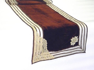 Classic Embroidered Table Runner with Lace Trim and Striped Border for Home Decor - Product Image 2
