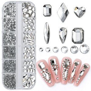 Caja de 12 compartimentos con diamantes de imitación acrílicos mixtos para <span class=keywords><strong>uñas</strong></span>, dijes de <span class=keywords><strong>uñas</strong></span> de base plana con formas irregulares de corazón y gota de agua, decoración de <span class=keywords><strong>uñas</strong></span> con brillo explosivo - Product Image 5