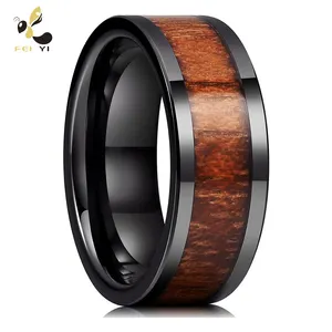 Nature 7mm 8mm Black Mens Wood Ceramic Ring Wedding Band Polished Finish Brown Wood Inlay Comfort Fit Ring