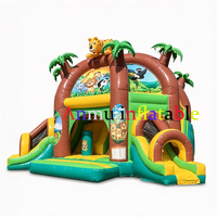 Château gonflable à thème Jungle Zoo avec double toboggan, structure de saut gonflable commerciale en PVC
