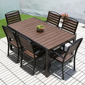 Low MOQ Outdoor Restaurant Tables And Chairs Outdoor Long Desk Plastic Wood Dining Table Set Garden Furniture