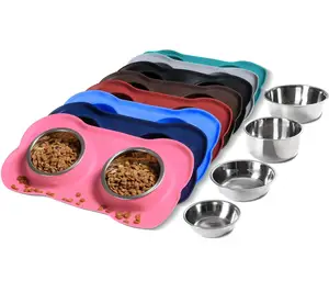 Mangkuk anjing peliharaan 2 mangkuk anjing baja tahan karat dengan tanpa tumpahan silikon anti-selip tikar makanan hewan peliharaan sendok air dan mangkuk pengumpan makanan